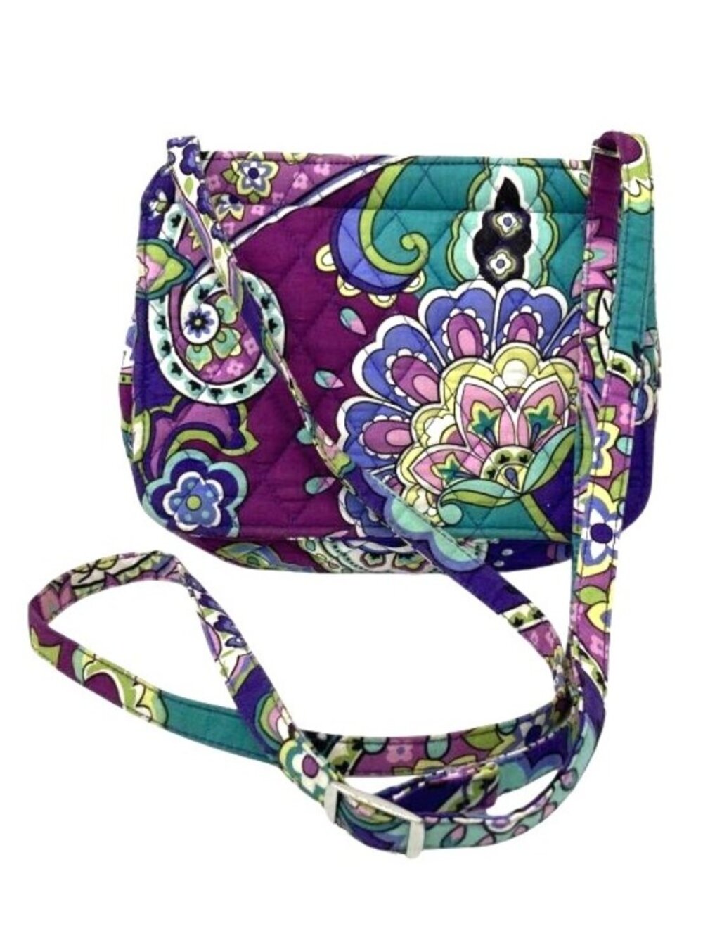 Quilted Floral Crossbody Bag With Adjustable Strap & Multiple Pockets - Purple
